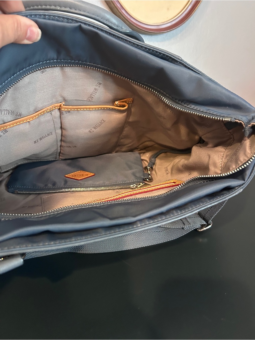 MZ Wallace Canvas Tote Bag with Leather Details Blue Tan OS